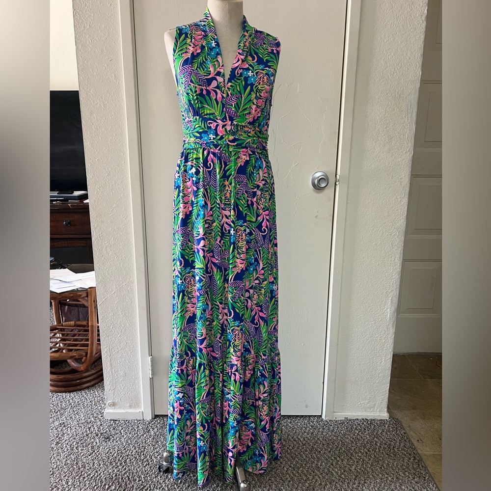 Lilly Pulitzer Sleeveless Tropical Print Maxi Dress in Blue and Green